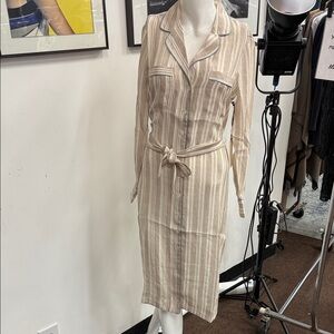 La Boheme SILK  Cream Striped Long Sleeve Dress NWT